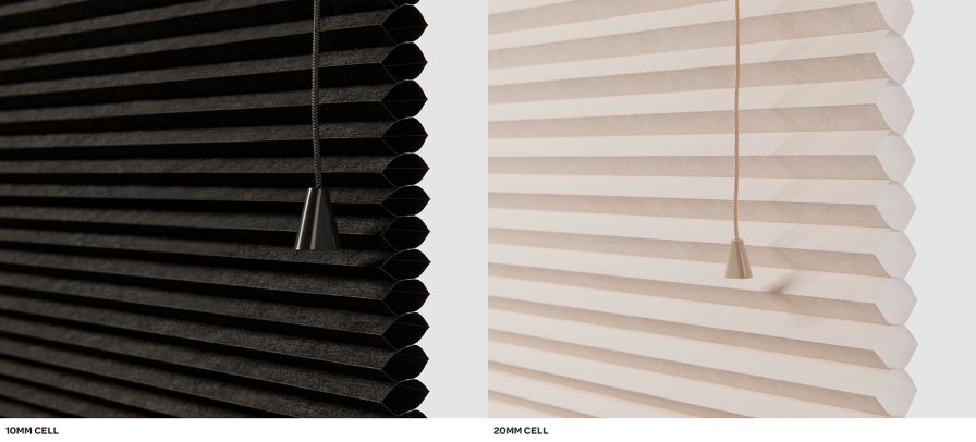 Close-up comparison of 10mm and 20mm honeycomb blind cell sizes.