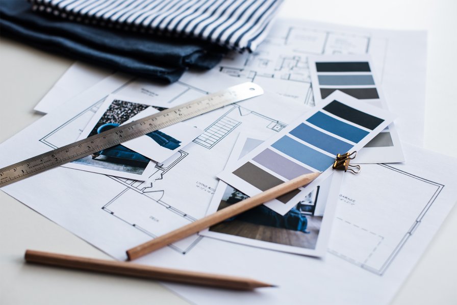 Fabric and colour samples laid out to plan an interior scheme