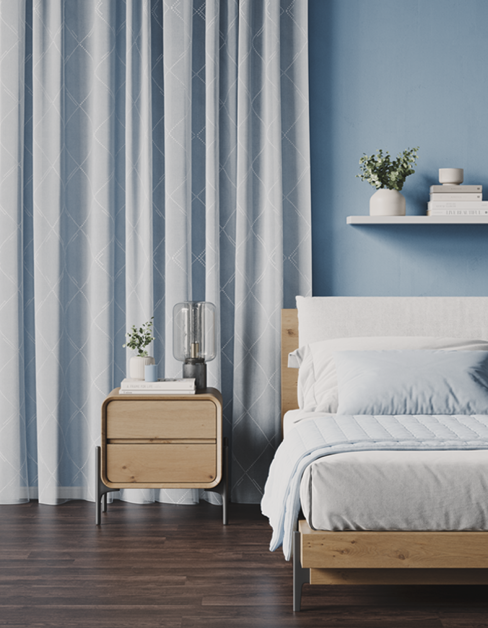 Grey and white striped curtains framing a bedroom window.