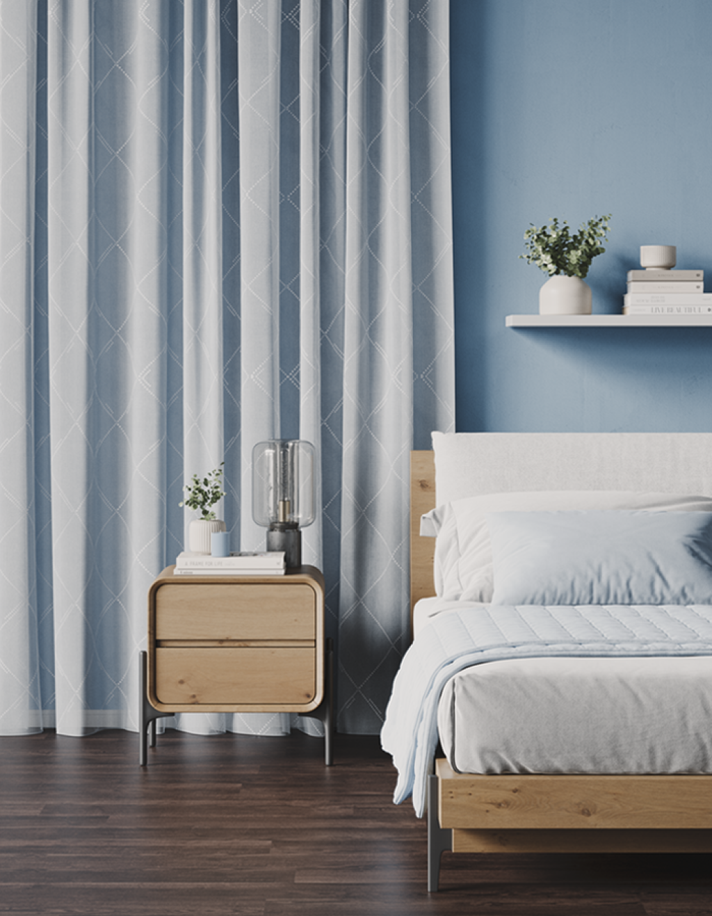 Grey and white striped curtains framing a bedroom window.