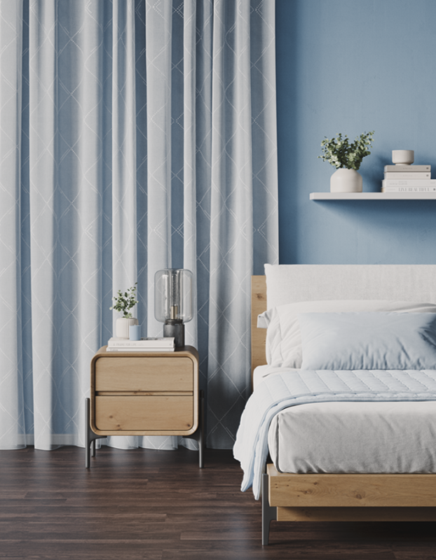 Grey and white striped curtains framing a bedroom window.