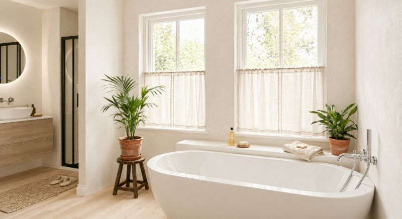 White roller blind at a bathroom window above a freestanding bathtub.
