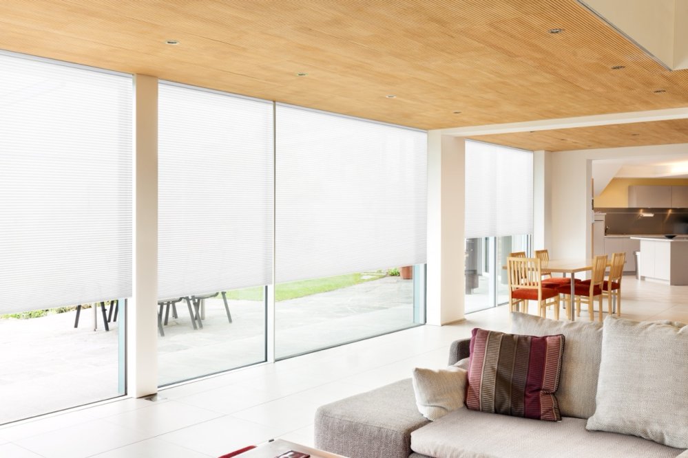 White honeycomb cellular blinds on large living-room windows filtering light over a seating area.