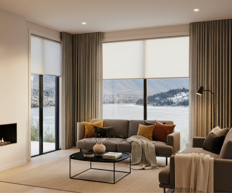 Modern kitchen-dining area with striped roman blinds and beige curtains overlooking a snowy lake.