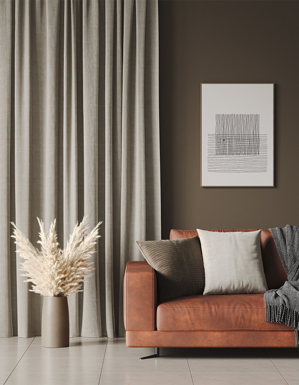 Taupe lined pencil pleat curtains beside a brown leather sofa.