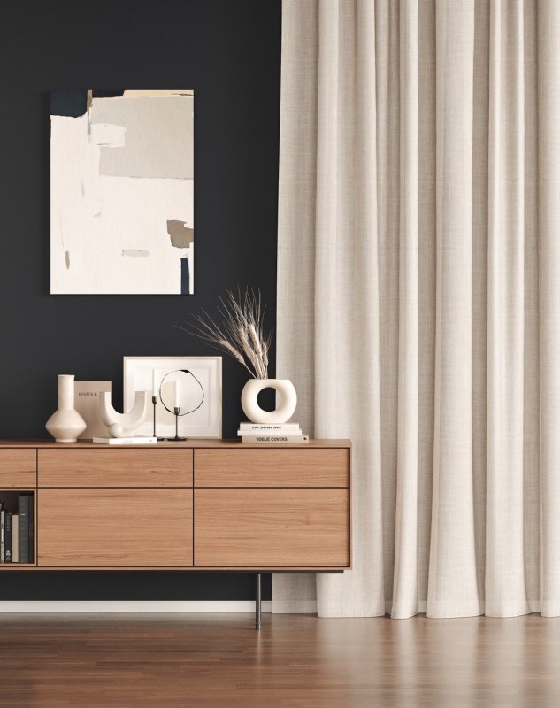 Ivory s-fold curtains hung floor-to-ceiling beside natural wood furniture and cream bedding.
