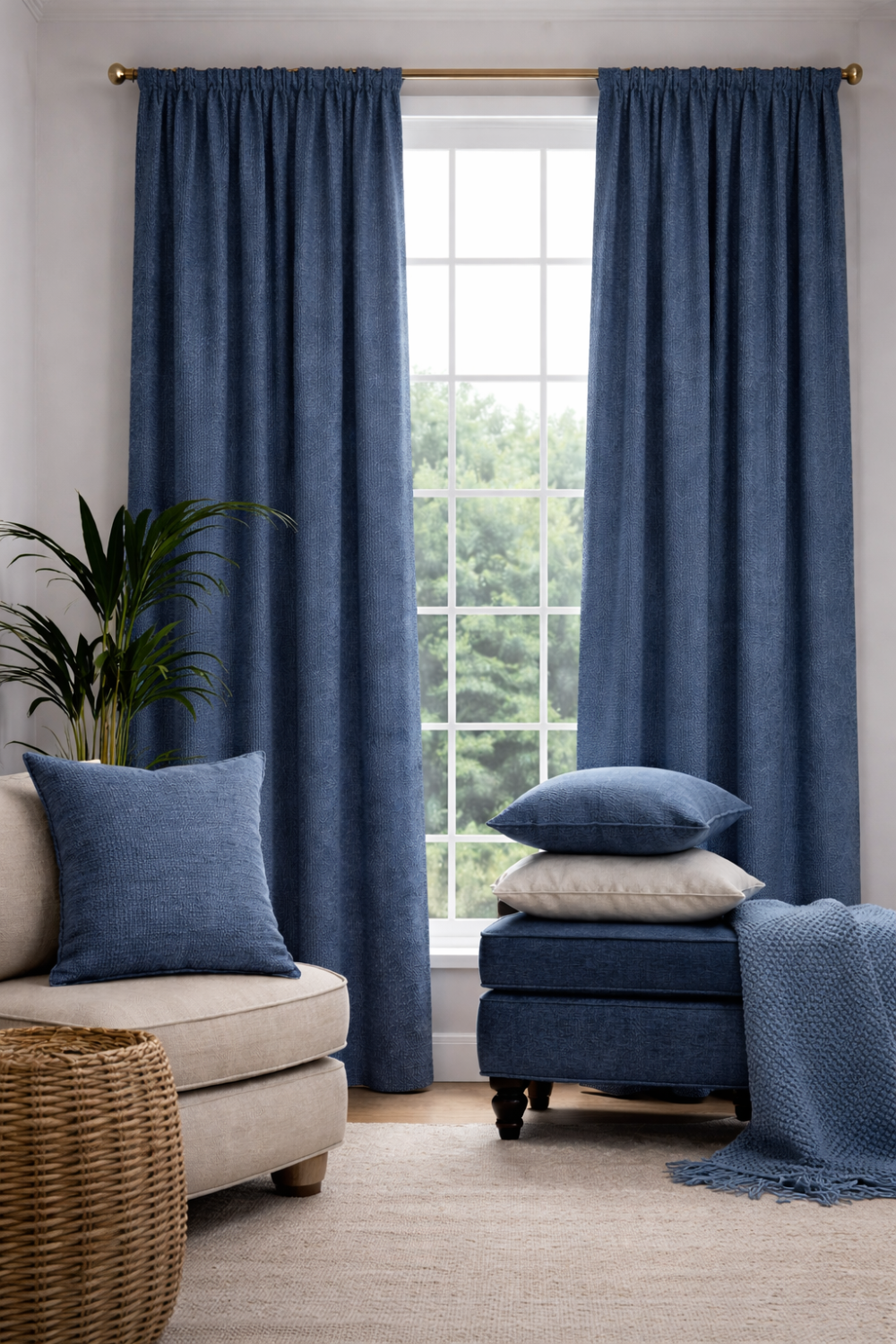 Navy pencil pleat curtains on a wooden pole beside a blue armchair.