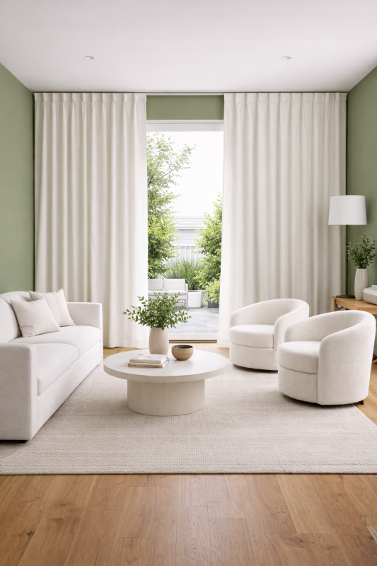 Soft minimalist living room with cream curtains at a tall window and pale wood flooring.