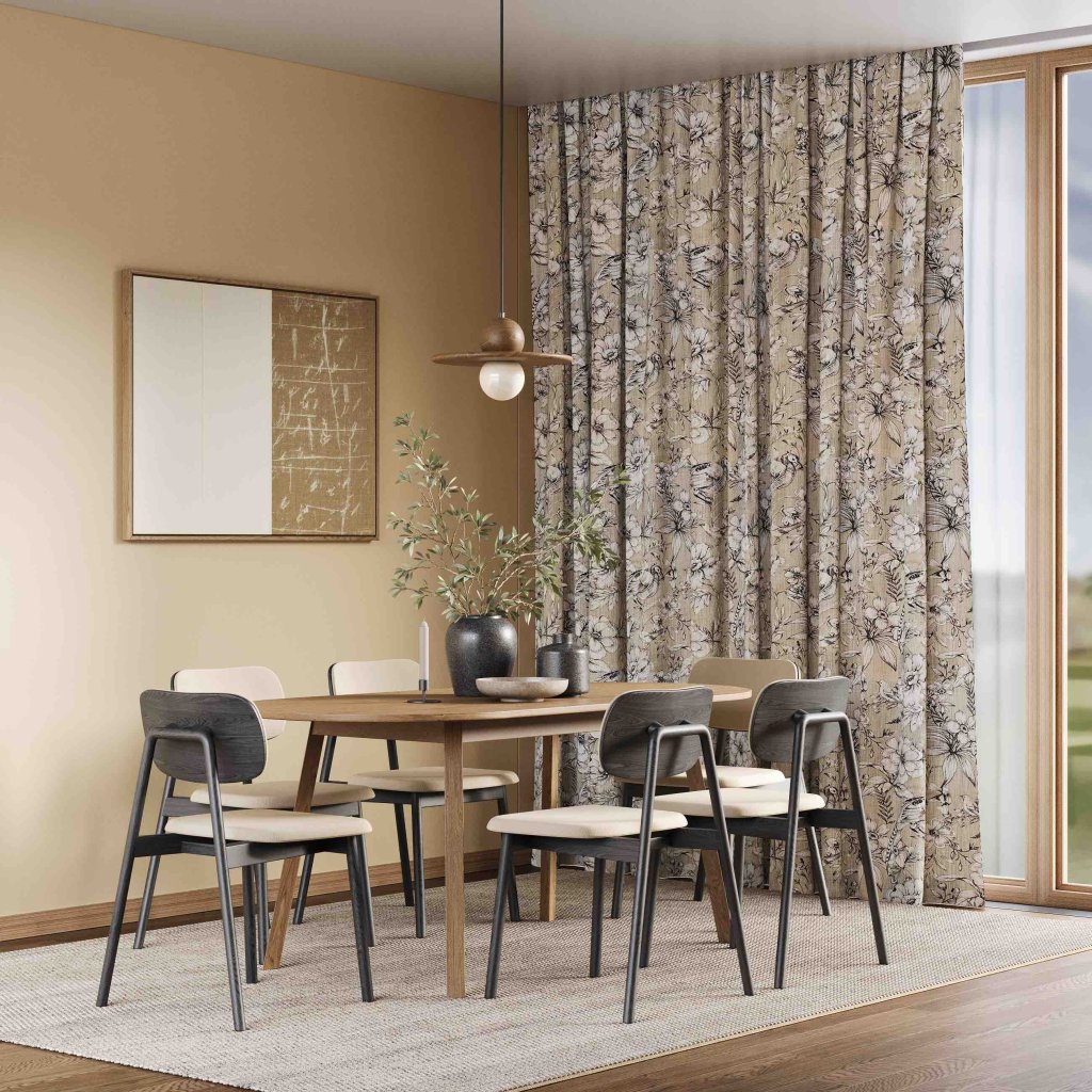Dining room with gold-toned walls and floral curtains in cream, olive and grey.