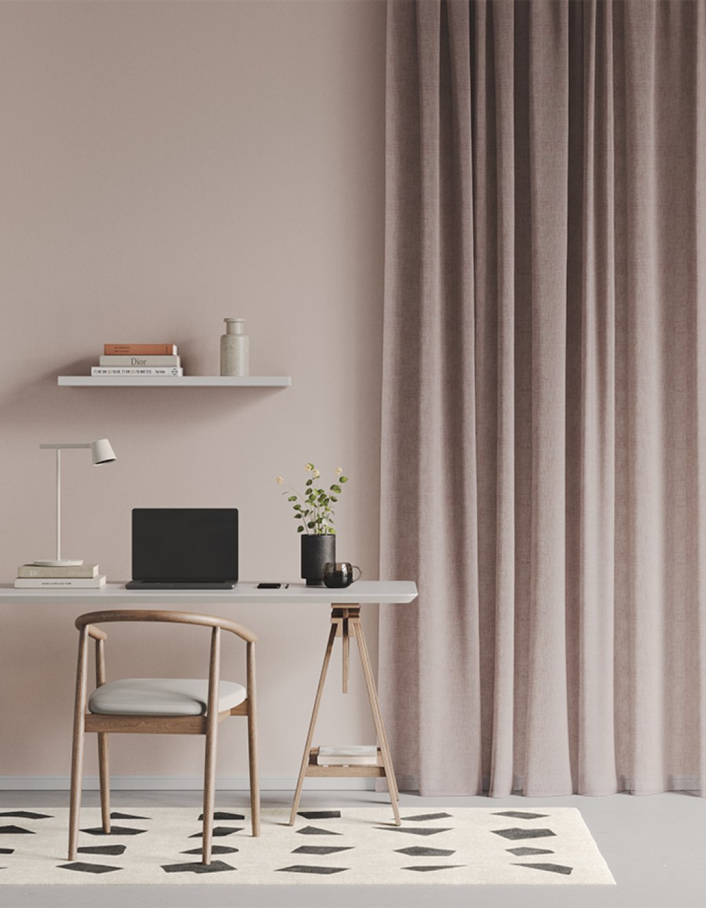 Pale mauve-pink curtains behind a desk in a bedroom workspace, showing the fine weave.