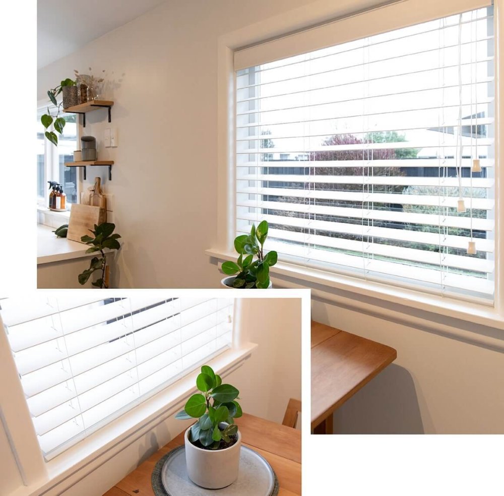Pale roller blind at a bright window above a kitchen counter with a potted plant.
