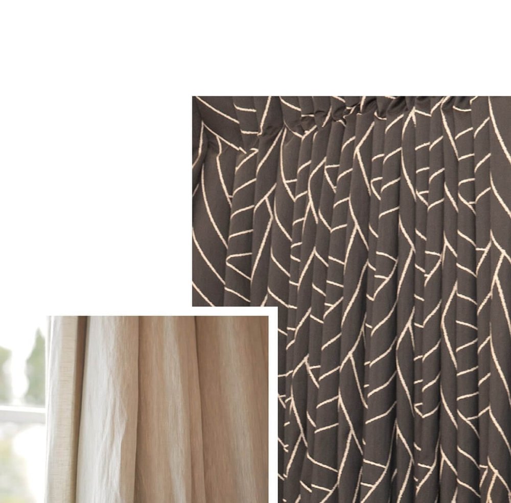 Pale grey curtains beside two-tone roman blinds in a desk workspace with woven accessories.