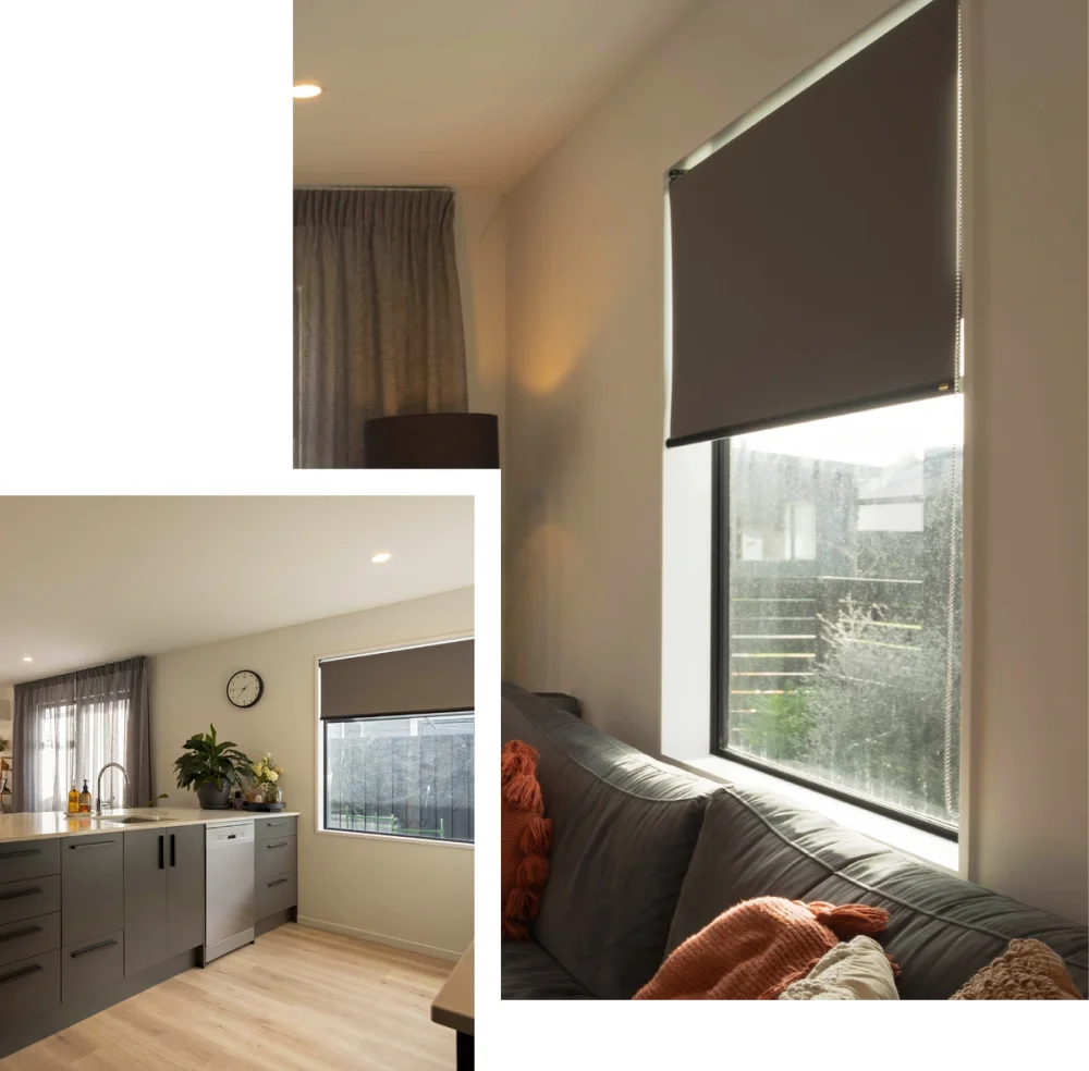 Modern bedroom with a brown roman blind and warm beige and grey furnishings.