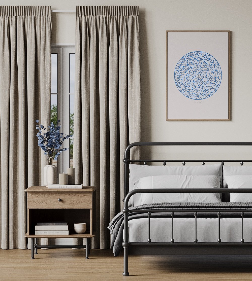 Neutral bedroom with sand-grey vertical-stripe curtains and a wooden bench.