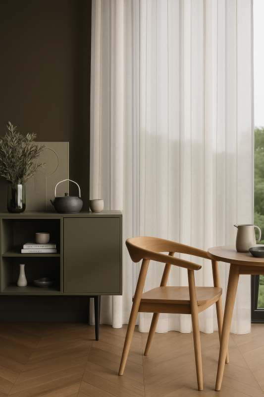 Pale taupe-grey linen curtains in a bedroom with a metal bed frame and white bedding.
