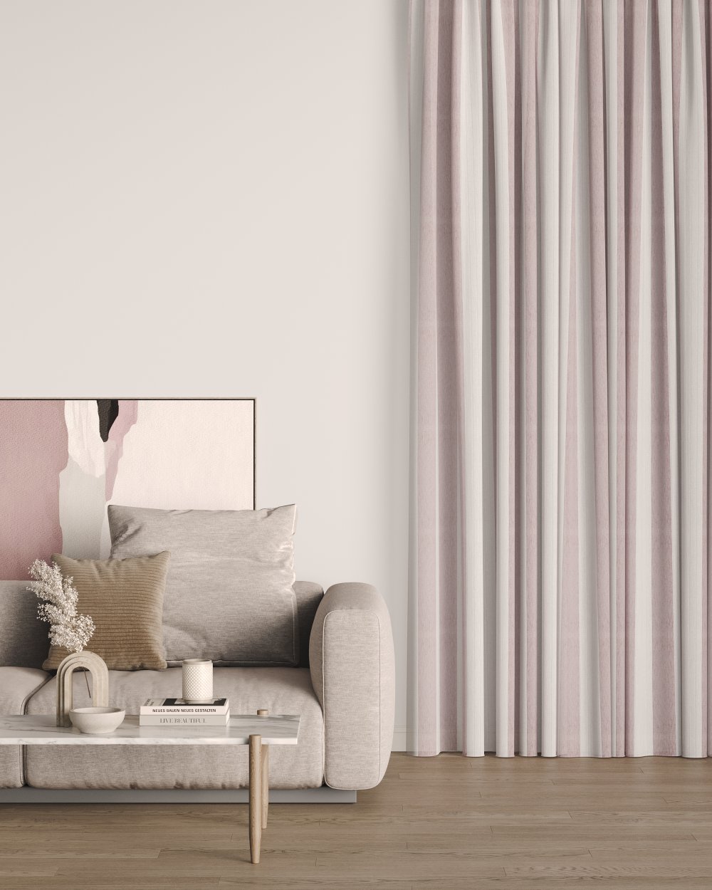Pale watermelon-pink curtains beside a cream armchair and a blonde wood table.