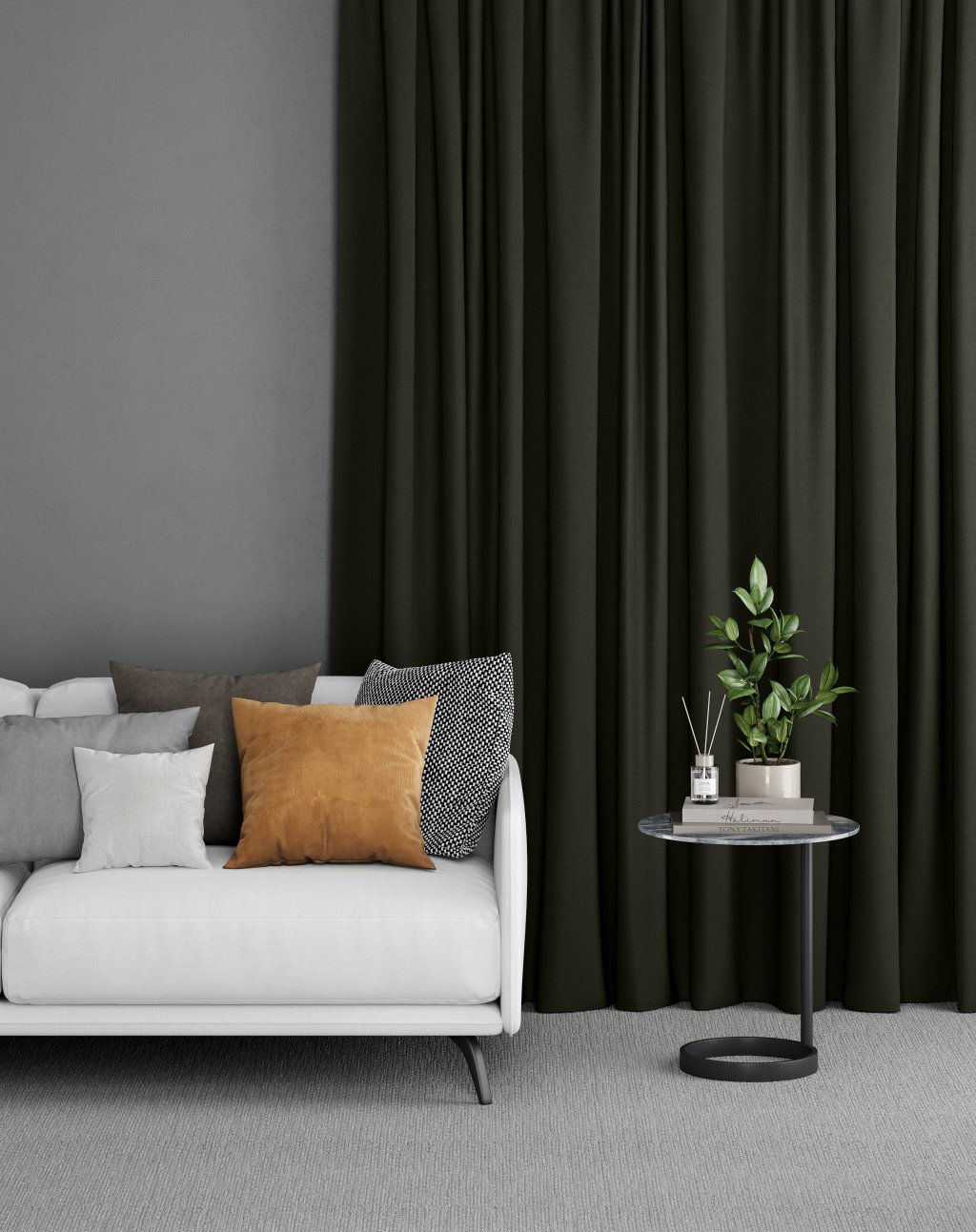 Dark olive-charcoal curtains beside a cream sofa with a gold cushion in a minimalist bedroom.