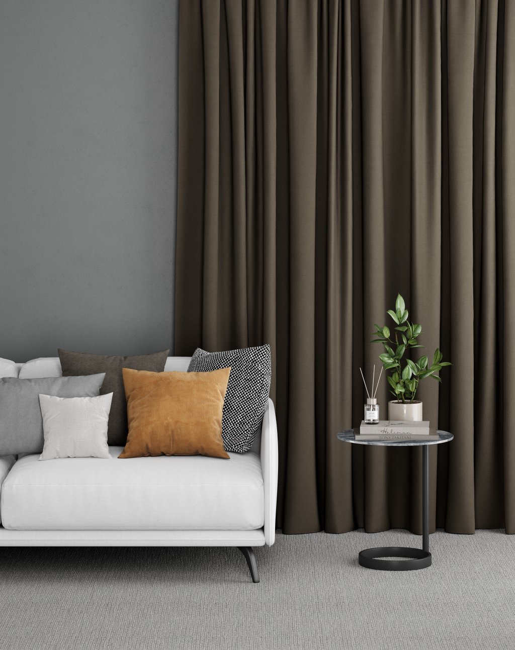 Warm grey pencil pleat curtains in a contemporary bedroom with a light grey sofa.