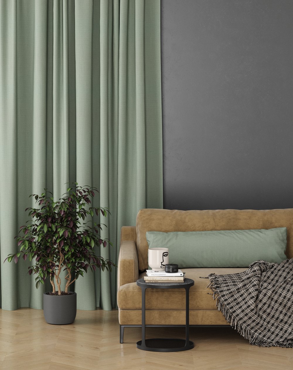 Soft sage green curtains in a living room with a honey-coloured lounge chair and a plant.