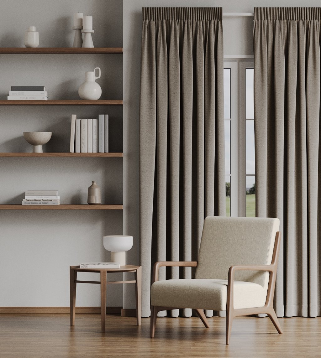 Neutral triple weave curtains in a bedroom with a wooden storage unit and shelving.